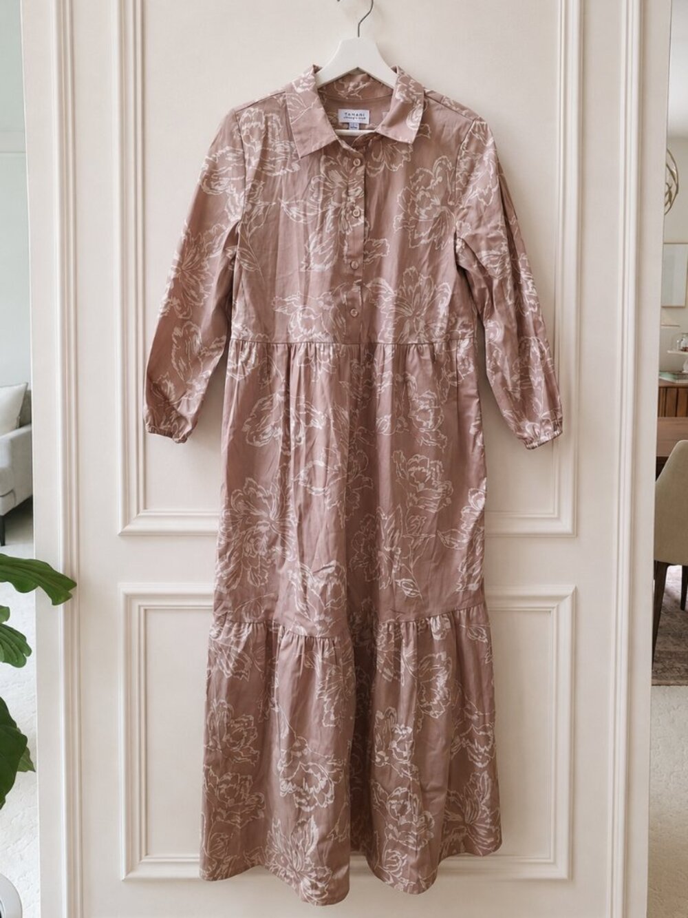 NWT | Tahari ASL Dusty Pink/Tan/Cream Floral Tiered Maxi Dress | Cotton | Size S